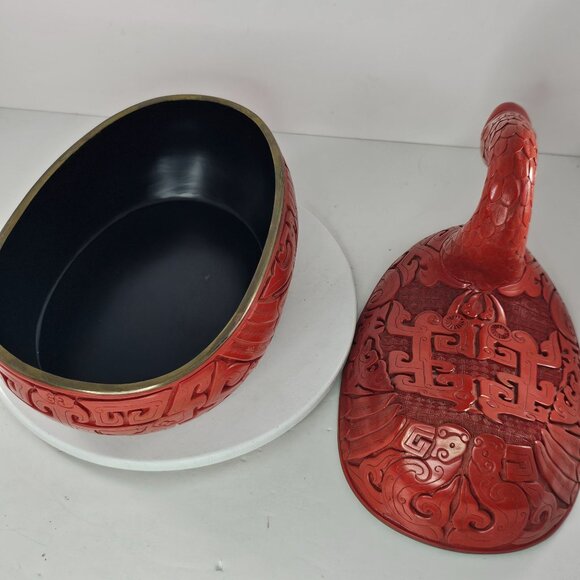 Vintage Red Cinnabar Duck Goose Swan Figure Lidded Box Lacquered - Picture 8 of 10